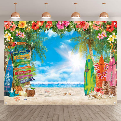 7x5ft Summer Hawaiian Beach Photography Backdrop Tropical Flower Palm Leaves Surfboard Background for Luau Aloha Party Decoration Banner Photo Booth