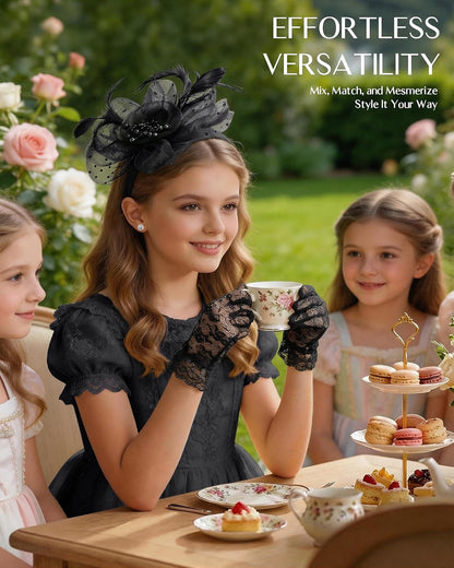 Girls Tea Party Fascinators Hats for Kids Fascinator Tea Party Hat Headband with Gloves Accessories for Girls
