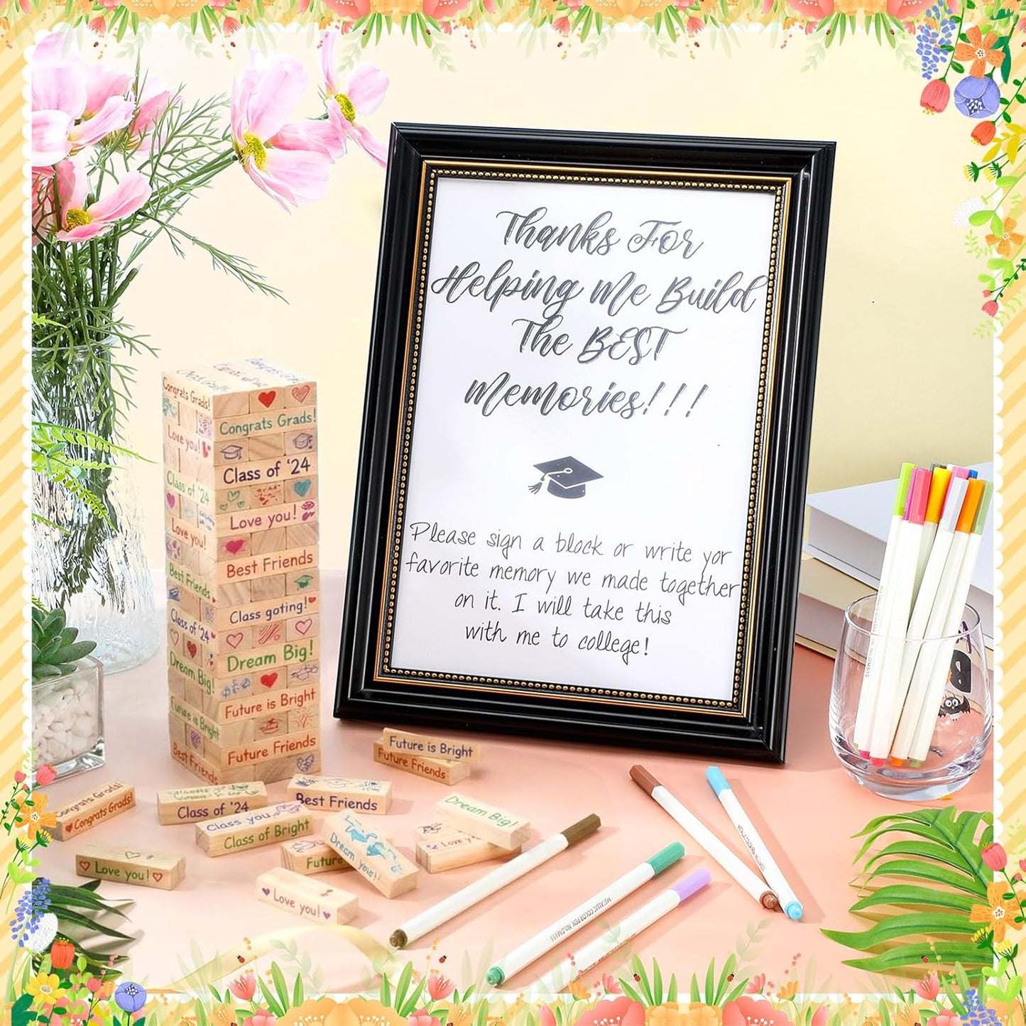 Gerrii 72 Pcs 2026 Graduation Guest Book Alternative for Sign in, 54 Wooden Block 16 Pens and Grad Photo Frame for Congrats Grad Party Supplies College High School (Black Photo Frame)