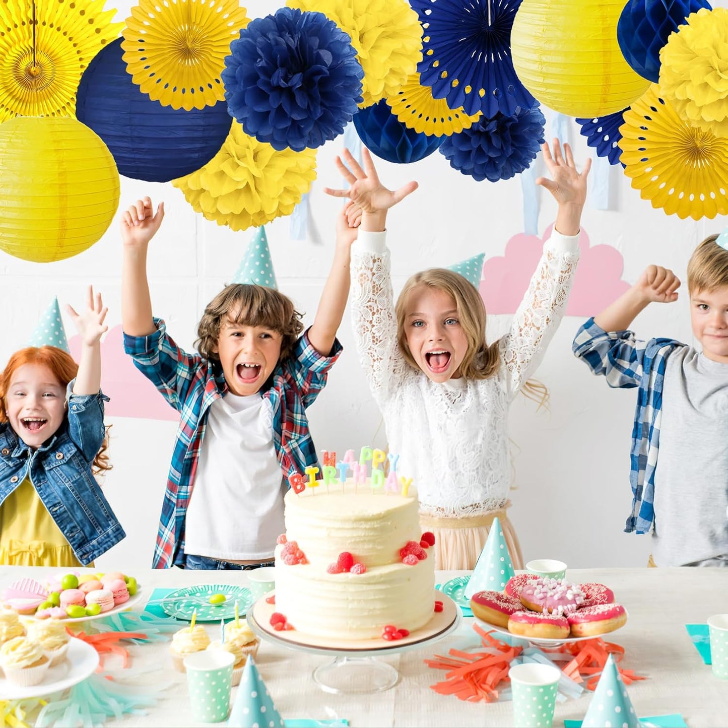 Tissue Paper Pom Poms - 23 PCS Dusty Blue Paper Flowers Pom Pom Kit Circle Dot Party Banner Hanging Swirl Party Decorations for Wedding Birthday Baby Shower Bridal Shower Tea Party