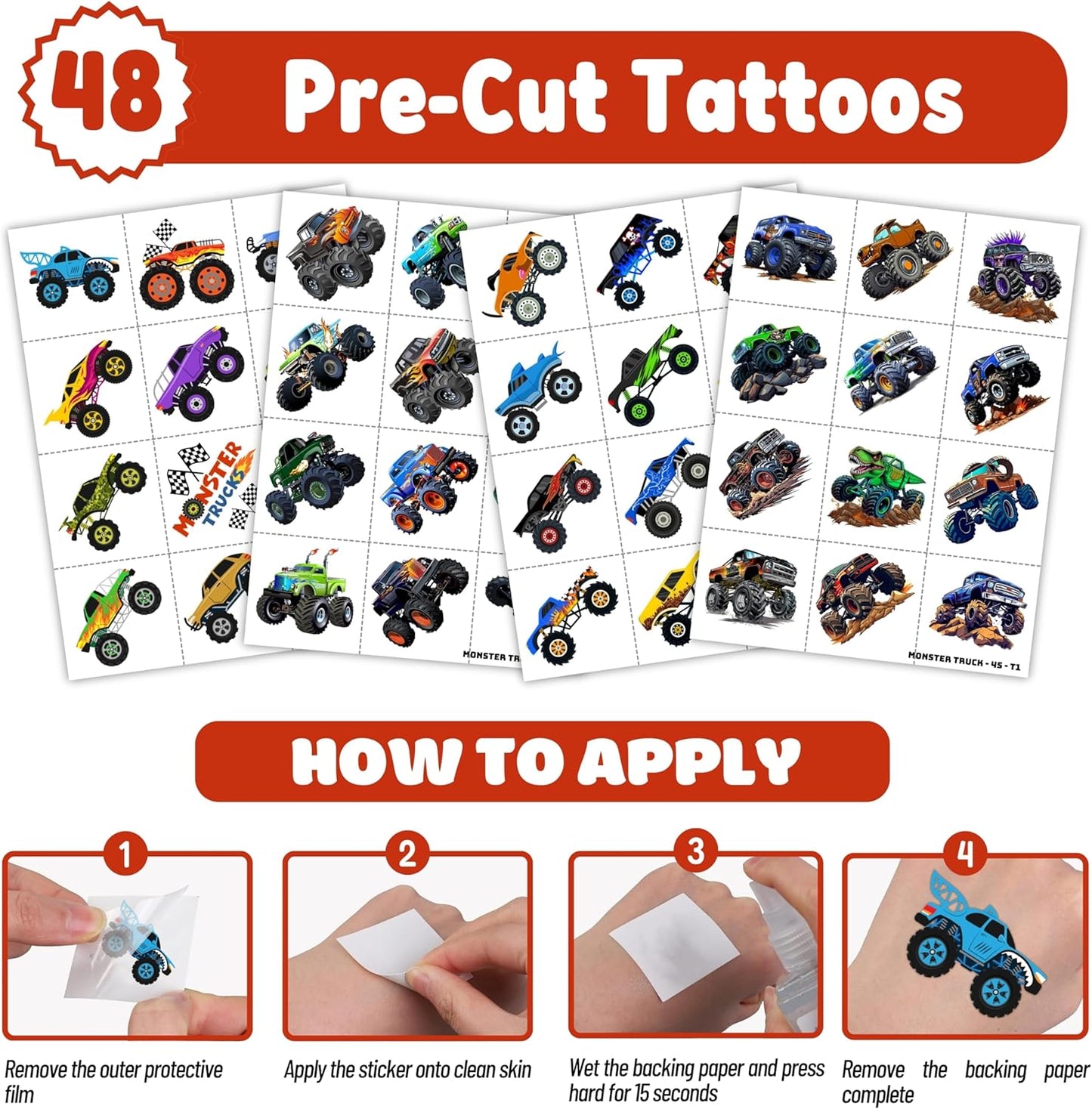 72PCS Monster Truck Party Favors | 48 Pre Cut Temporary Tattoos 24 Slap Bracelets Kids Boys Birthday Party Supplies Classroom Prizes School Rewards