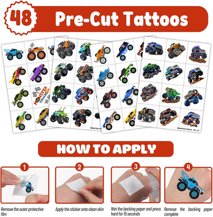 72PCS Monster Truck Party Favors | 48 Pre Cut Temporary Tattoos 24 Slap Bracelets Kids Boys Birthday Party Supplies Classroom Prizes School Rewards