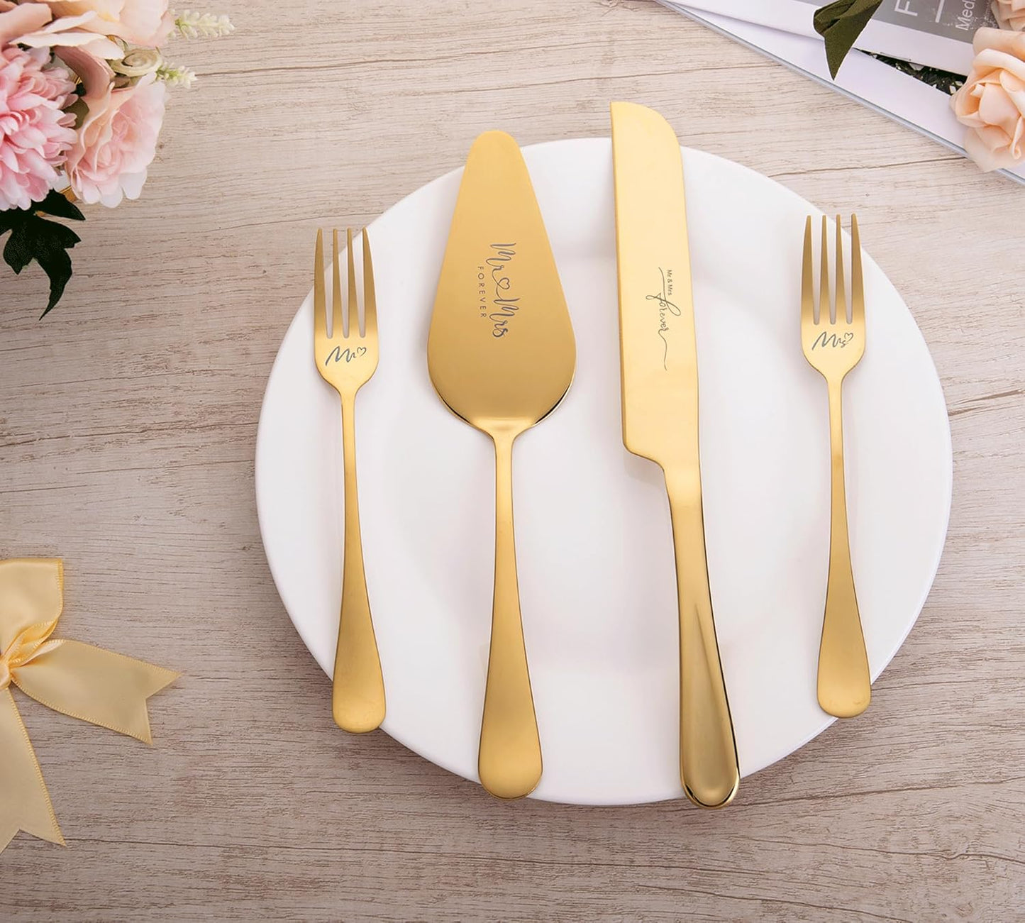4 Pieces Wedding Cake Knife and Server Set, Stainless Steel Mr and Mrs Cake Cutter and Forks for Wedding, Birthday, Bridal Shower Gifts for Couples (Rose Gold)