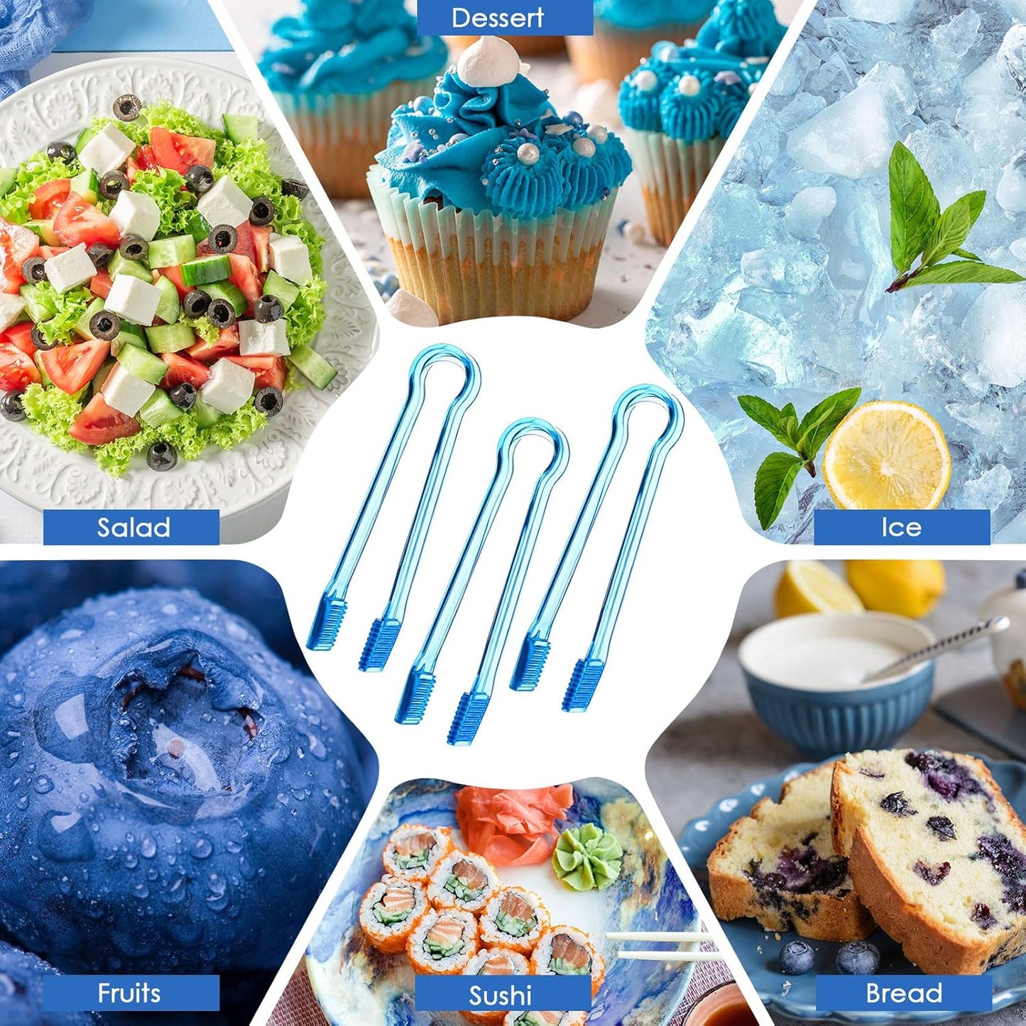 LemonRoad 10 Pcs Plastic Buffet Serving Tongs, 6.3 Inches Clear Kitchen Tongs Mini Small Disposable Serving Utensil for Party Food Ice Salad Buffet Appetizer Catering Barbecue Cookies(Clear Blue)