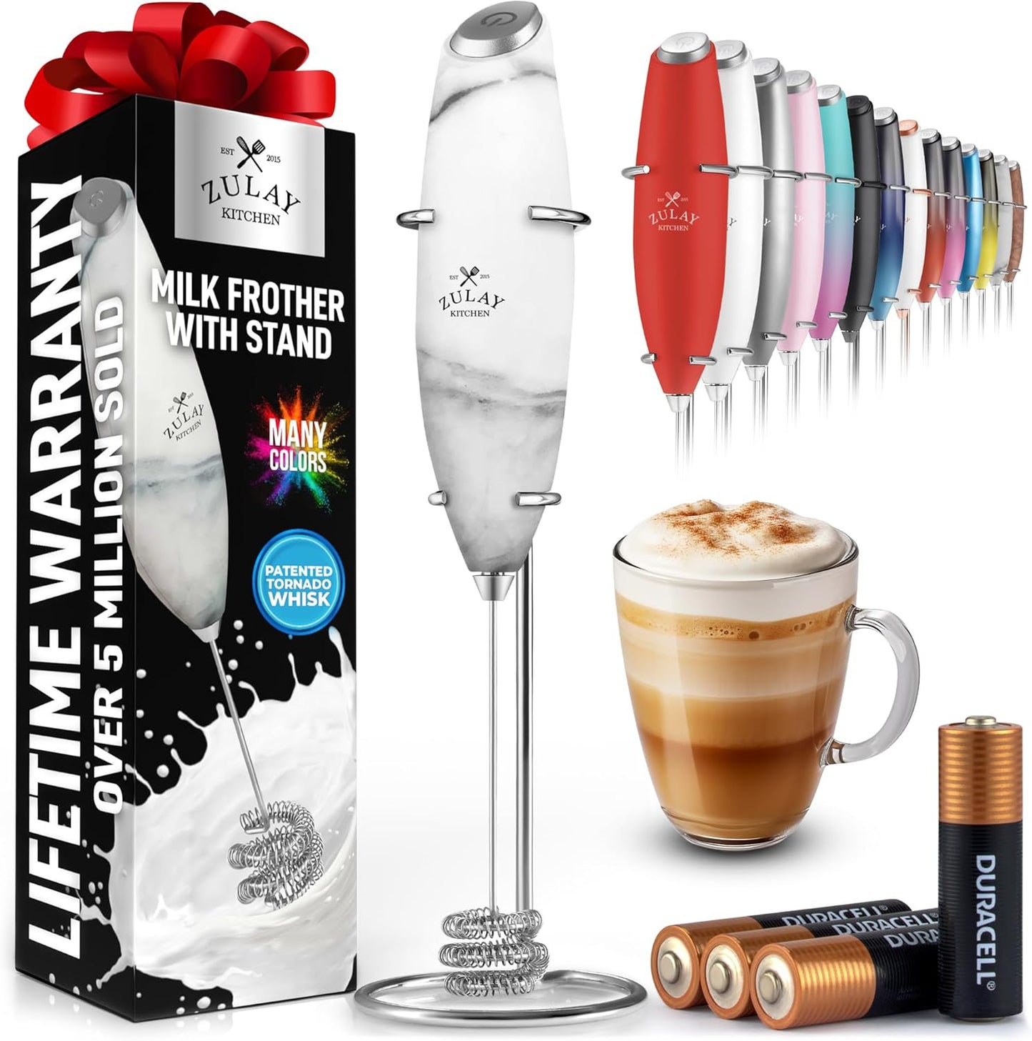 Zulay Kitchen Powerful Milk Frother Wand With Duracell Batteries - Ultra Fast Handheld Drink Mixer - Electric Whisk Foam Maker for Coffee, Lattes, Cappuccino & Matcha - Z1 Motor - Black - Colors C