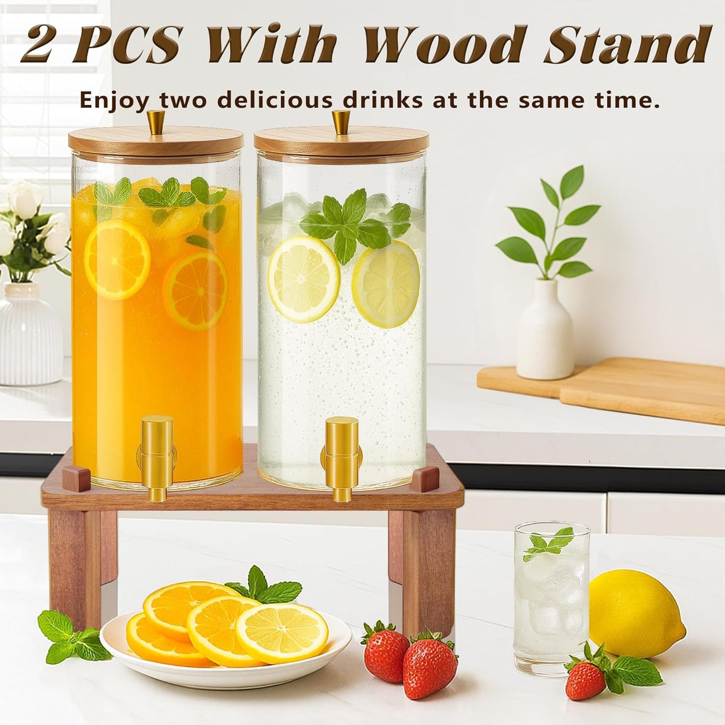 2PCS Drink Dispenser, 1.5 Gallon Each Glass Beverage Dispenser with Wood Stand and Stainless Steel Faucet Ideal for Juice, Lemonade, and Tea,Large Drink Dispenser for Parties and Home Use