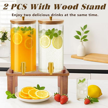 2PCS Drink Dispenser, 1.5 Gallon Each Glass Beverage Dispenser with Wood Stand and Stainless Steel Faucet Ideal for Juice, Lemonade, and Tea,Large Drink Dispenser for Parties and Home Use