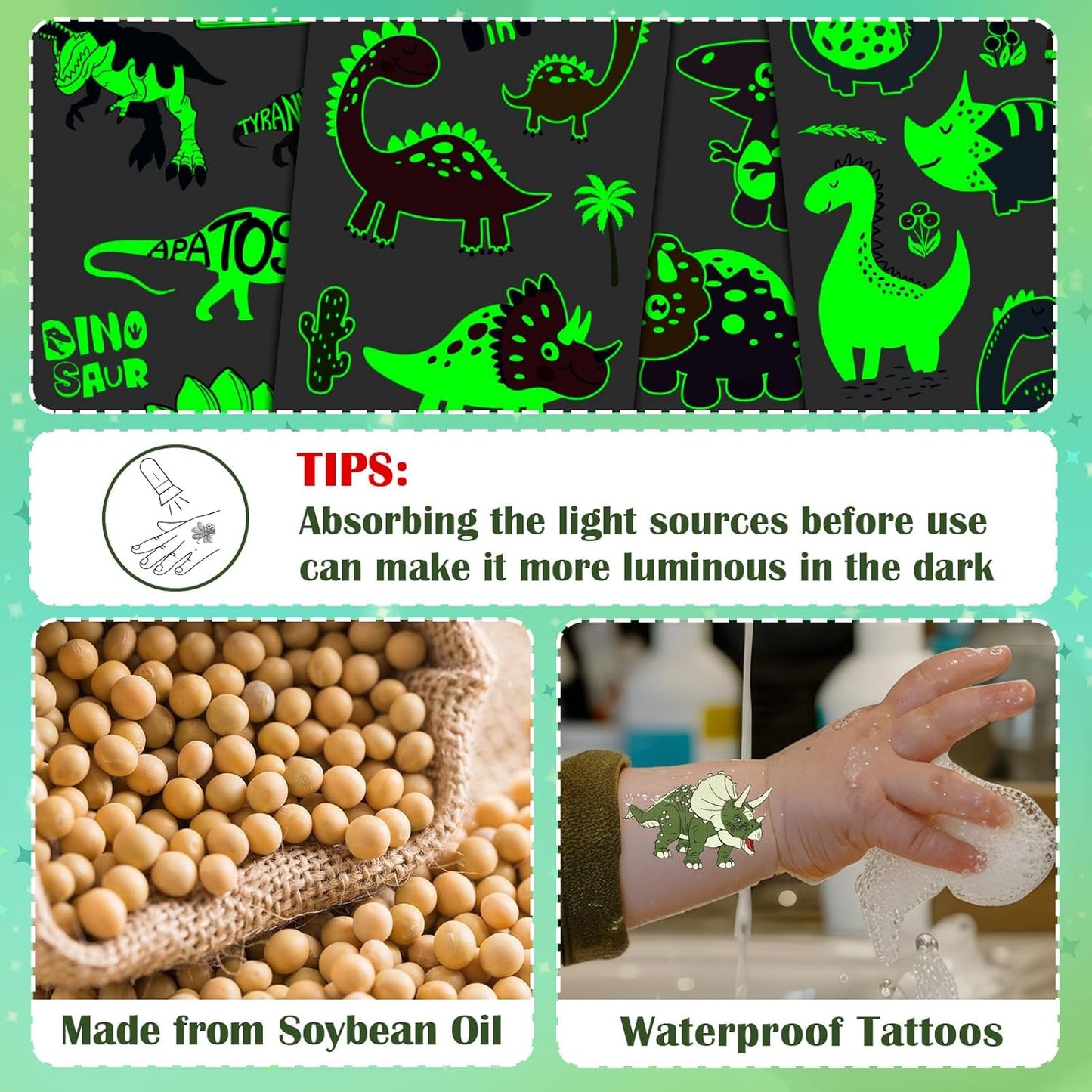 Partywind 380 Styles (30 Sheets) Luminous Tattoos for Kids, Mixed Styles Temporary Tattoos Stickers with Mermaid/Dinosaur/Space/Pirate for Boys and Girls, Glow Party Supplies