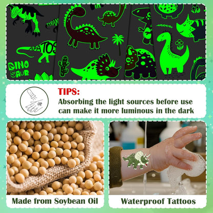 Partywind 380 Styles (30 Sheets) Luminous Tattoos for Kids, Mixed Styles Temporary Tattoos Stickers with Mermaid/Dinosaur/Space/Pirate for Boys and Girls, Glow Party Supplies