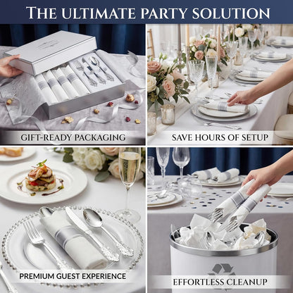 Liacere 100 Pack Silver Plastic Silverware-Pre Wrapped cutlery and Napkin-Pre Rolled Silverware Disposable 100 Forks, 100 Knives 100 Spoons, 100 Napkins Plastic Utensils＆Wedding