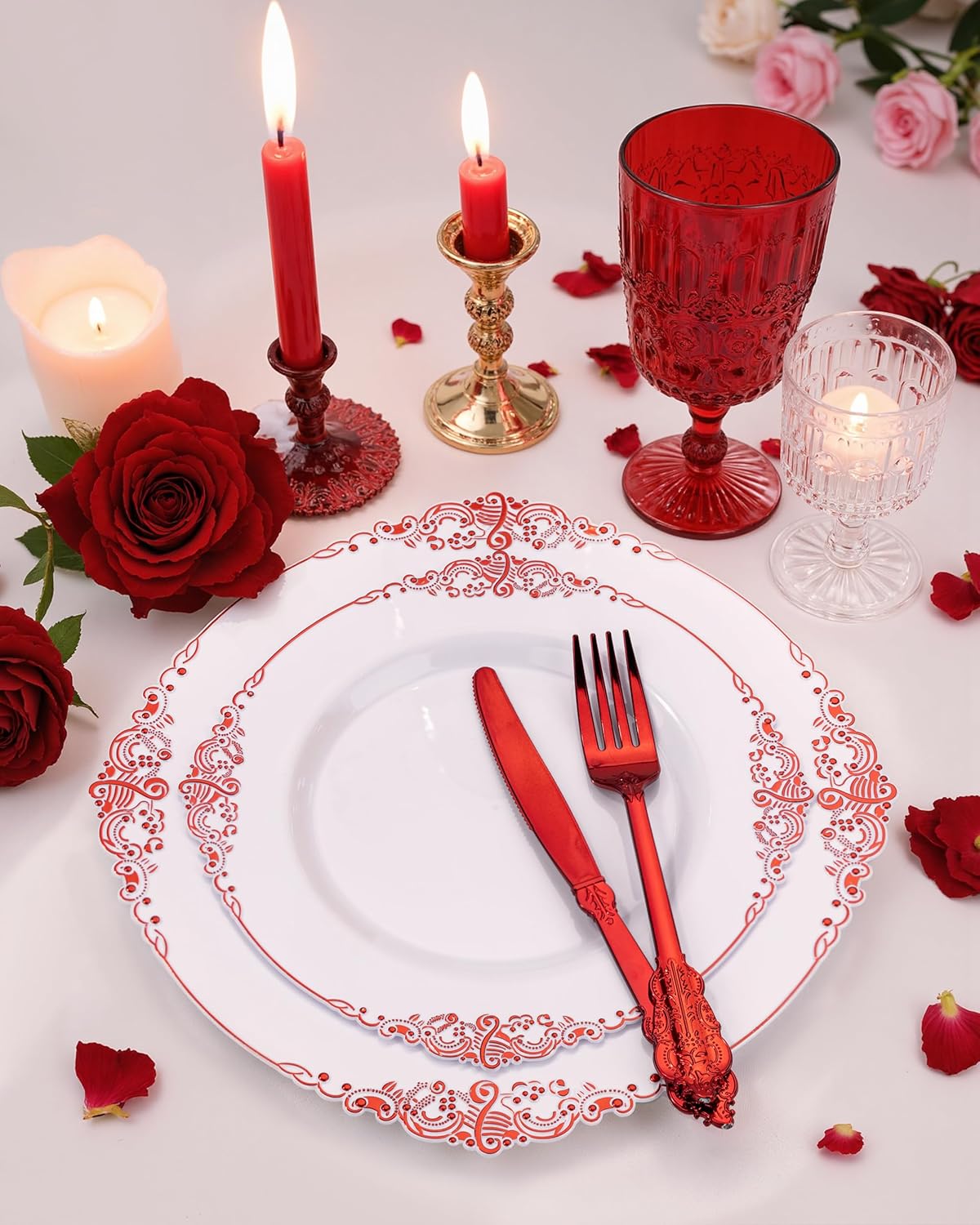 Nervure 350PCS Gold Plastic Plates - Gold Plastic Dinnerware Sets for 50 Guests - 100 Disposable Plates, 150 Silverware, 50 Cups, 50 Napkins for Wedding & Party & Mothers Day