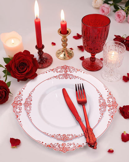 Nervure 350PCS Gold Plastic Plates - Gold Plastic Dinnerware Sets for 50 Guests - 100 Disposable Plates, 150 Silverware, 50 Cups, 50 Napkins for Wedding & Party & Mothers Day