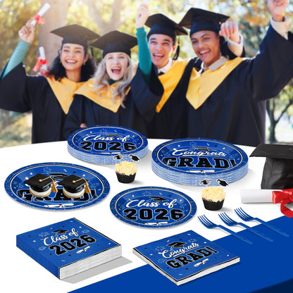 200Pcs Graduation Decorations 2026, Blue Graduation Plates and Napkins Party Supplies for 50 Guests, Disposable Grad Plates, Napkins, Dessert Plates and Forks for Grad Decor Wedding Birthday Supplies