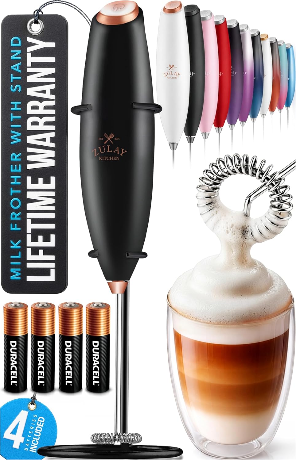 Zulay Kitchen Powerful Milk Frother Wand With Duracell Batteries - Ultra Fast Handheld Drink Mixer - Electric Whisk Foam Maker for Coffee, Lattes, Cappuccino & Matcha - Z1 Motor - Black - Colors D
