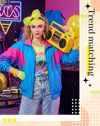 Blulu 80s Accessories Women Lace Headband Earrings Fishnet Gloves Necklace Bracelet for 80s Retro Party Halloween
