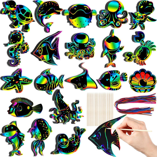 Motionchic 80 Pieces Sea Animal Scratch Cards Rainbow Ocean Fish Paper Crafts for Adult with Wooden Stick and Ribbon for Summer Birthday Party Under The Sea Party Supplies