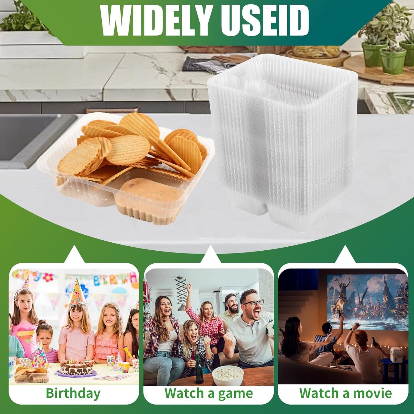 200 Pcs 12oz 6.5''x5'' Plastic Nacho Trays, Small Disposable Tray for Nachos & Cheese Dip, Clear Nacho Containers for Chip, 2 Compartment Movie Night Snack Trays Great for Snacks, Fair Foods