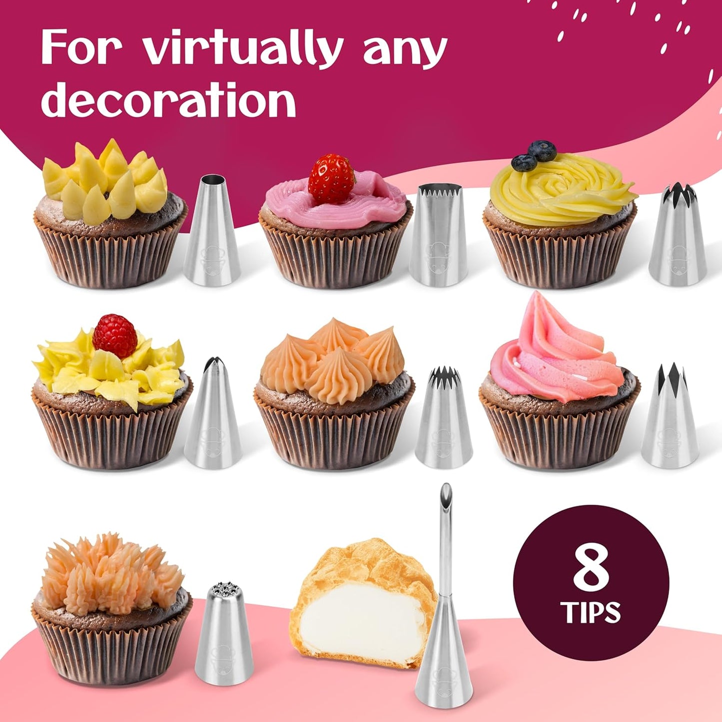 Premium Reusable Piping Bags and Tips Set - Cotton Pastry Bag 16" with 8 Large Icing Tips for Cake Decorating - Large Piping Tips Set - Dishwasher Safe
