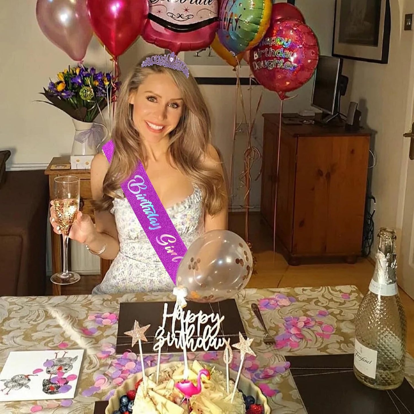 CIEHER Birthday Girl Crown and Sash - Rose Gold Tiara Birthday Decorations for Women and Girls