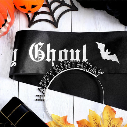 Zeyune 2 Pcs Goth Birthday Decorations Black Gothic Birthday Ghoul Sash with Headband for Girl Women Gothic Spooky Gifts Emo Horror Vampire Party Decorations(Silver,Skull)