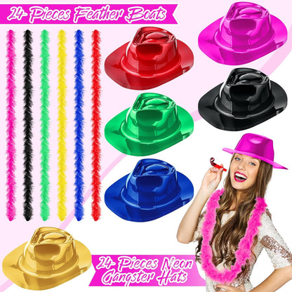 JaGely 48 Pieces Neon Party Supplies 24 Neon Gangster Hats 24 Pcs Feather Boas for Wedding Glow Party Supplies Birthday Props