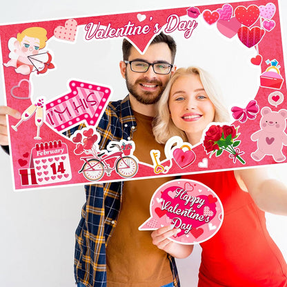 Valentine's Day Photo Booth Props - 1 Pcs Large Size Valentines Photo Props Frame and 23 Pcs Happy Lovers Selfie Photo Booth Props for Valentines Day Party Decorations Favors Supplies