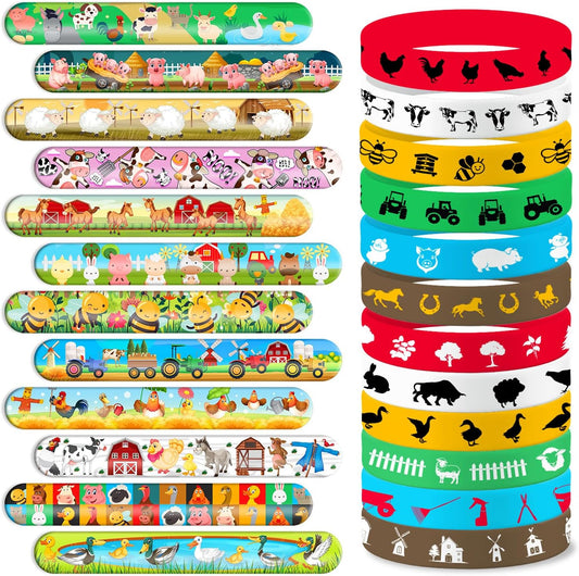 48PCS Farm Party Bracelets Set | 24 Slap Bracelets + 24 Rubber Bracelets | Barnyard Animal Silicone Wristbands Birthday Party Supplies, Classroom Rewards, Carnival Prizes