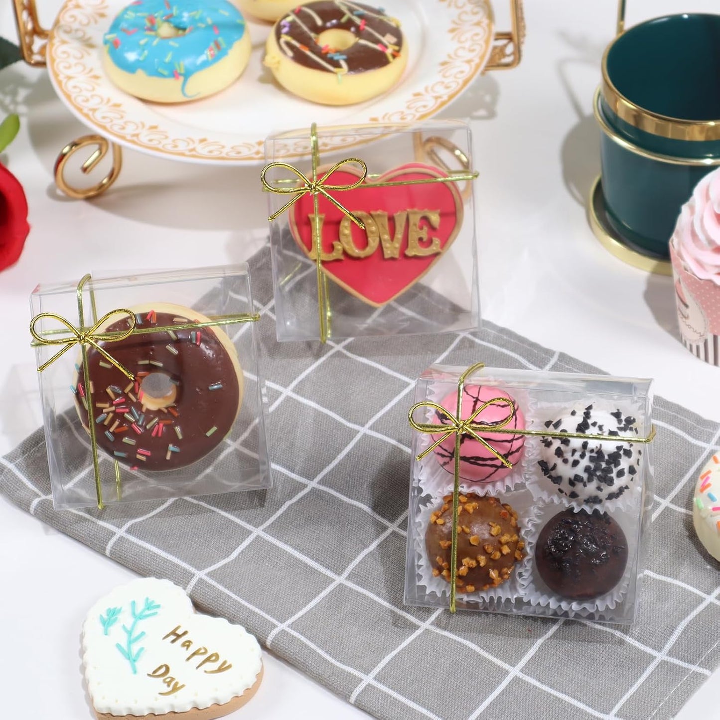 RomanticBaking 3 ¼" x 3 ¼" x 1 ½" 50PCS Chocolate Truffle Boxes for 4，Cookies Boxes Mini Bakery Boxes with Window for Brownie,Soap,Donut