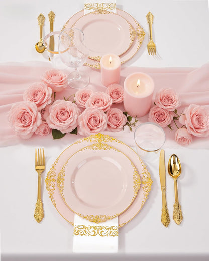 Nervure 350PCS Gold Plastic Plates - Gold Plastic Dinnerware Sets for 50 Guests - 100 Disposable Plates, 150 Silverware, 50 Cups, 50 Napkins for Wedding & Party & Mothers Day