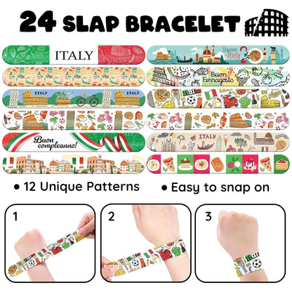 96 PCS Italy Party Favors Set – 72 Pre-Cut Tattoos & 24 Slap Bracelets, Perfect for Travel-Inspired Birthdays & Cultural Celebrations
