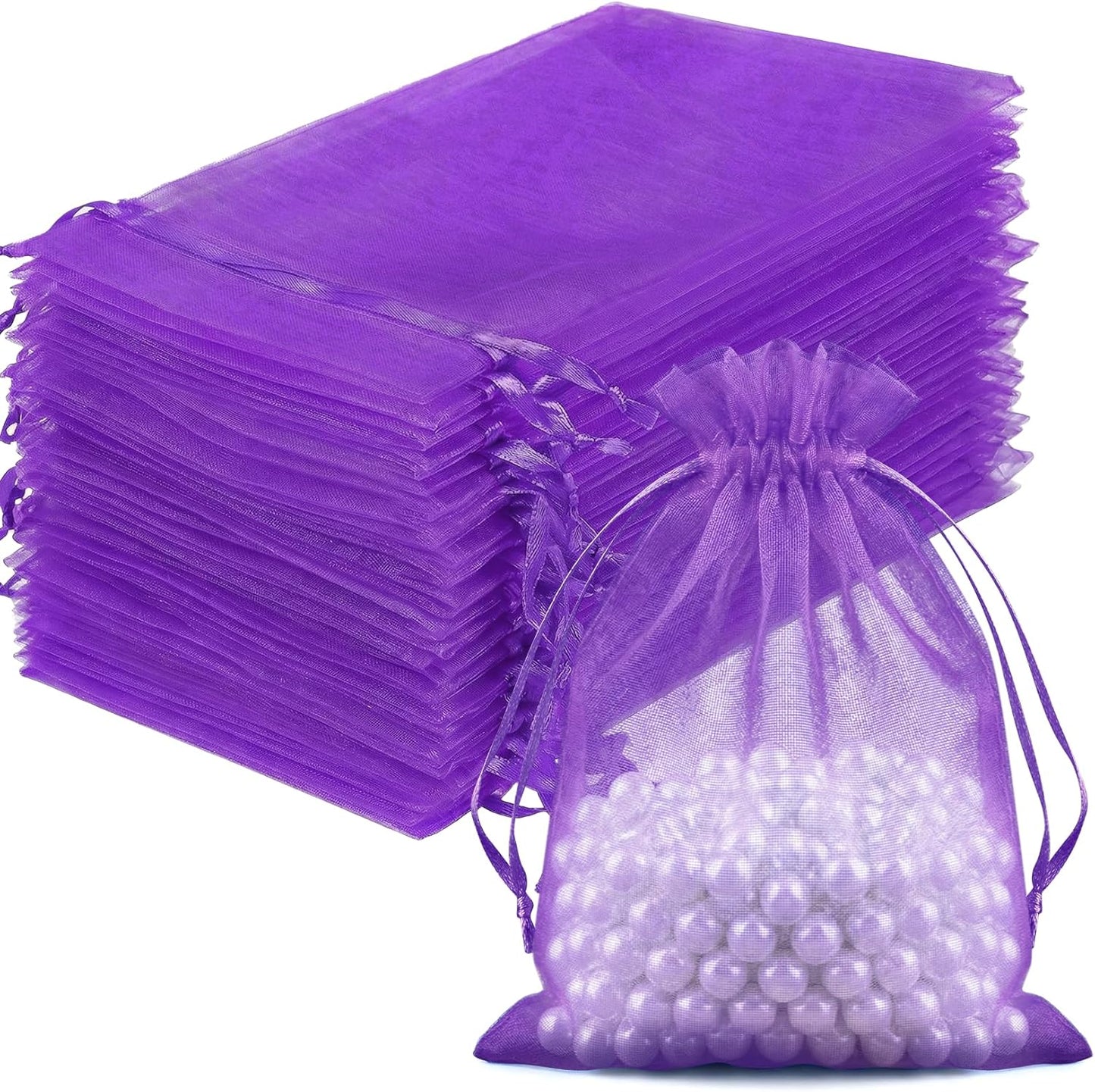 FUNFERY 100 Pcs White Organza Bags 3x4 in, Small Mesh Drawstring Gift Bags for Sachet, Jewelry, Wedding Favor, Candy Goodie Treat Bag,Easter Day