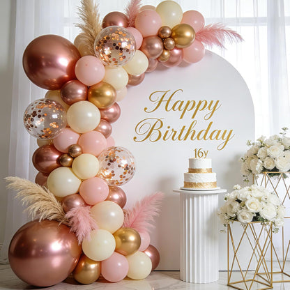 Pink Gold White Balloon Arch Kit - 144 PCs Pastel Light Pink and Beige Sand White Gold Chrome Balloons for Mothers Day Girls Women Birthday Bridal Shower Engagement Wedding Party Decorations
