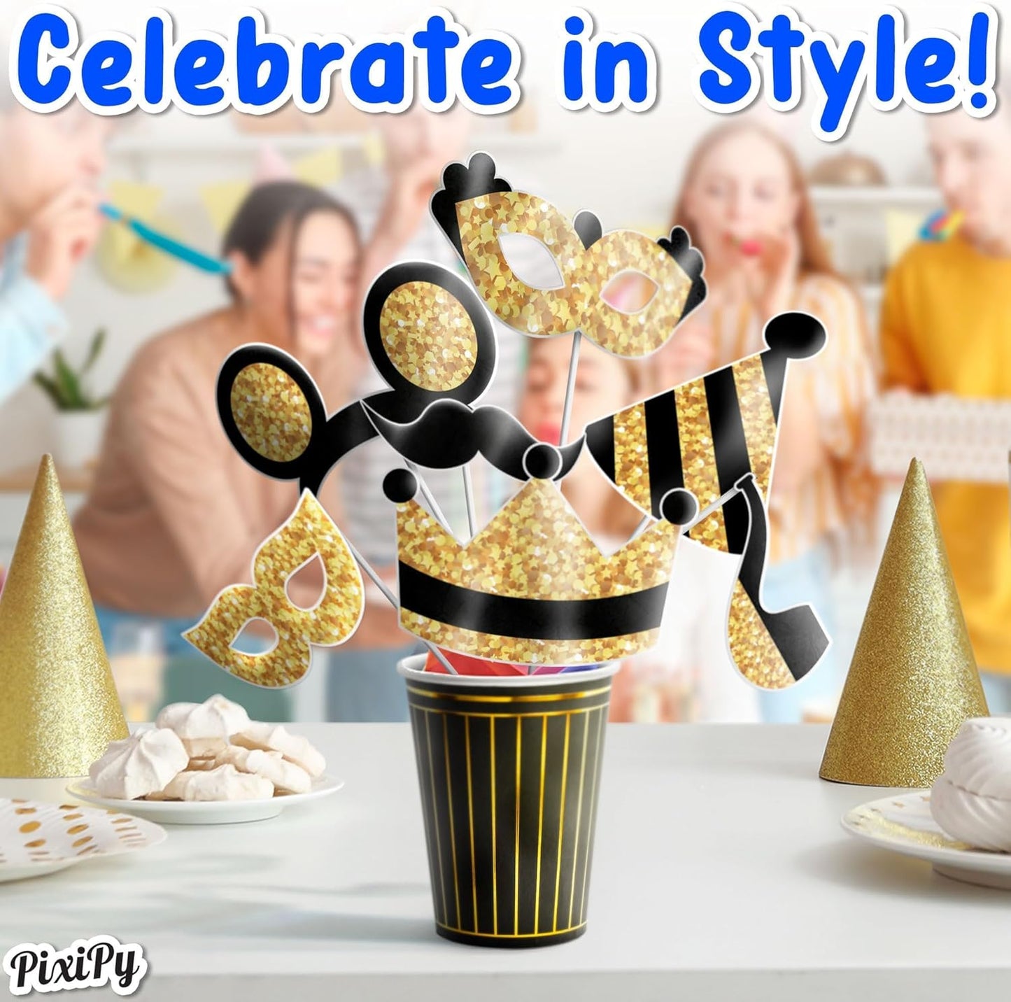 Premium Birthday Photo Booth Props Kit, 16 Black & Gold (No Glitter), Durable & Easy-to-Use Photobooth Props Signs for Memorable Photos & Unforgettable Celebrations by PixiPy