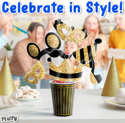Premium Birthday Photo Booth Props Kit, 16 Black & Gold (No Glitter), Durable & Easy-to-Use Photobooth Props Signs for Memorable Photos & Unforgettable Celebrations by PixiPy