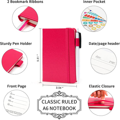 feela 6 Pack Pocket Small Notebooks Bulk, Mini Cute Memo Notepads Hardcover College Ruled Lined Journals with Pen Holder for Women Girls Office School, with 6 Black Pens, 3.5”x 5.5”, A6, Rose Pink