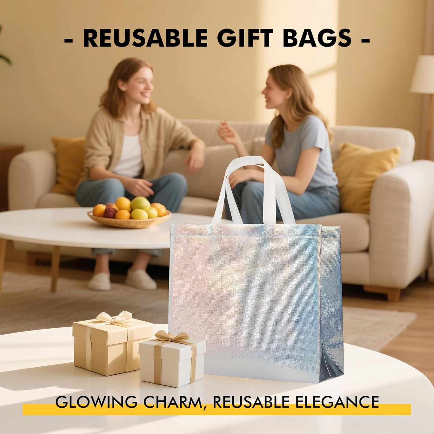 RACETOP 15 Pcs Iridescent Glossy Gift Bags Medium Size, 8x4x10 Inch Holographic Reusable Gift Bags with Handles, Ideal for Birthday, Wedding, Bachelorette, Party Favors, Holiday Goodie