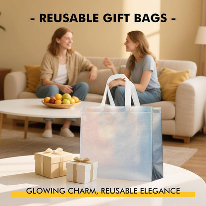 RACETOP 15 Pcs Iridescent Glossy Gift Bags Medium Size, 8x4x10 Inch Holographic Reusable Gift Bags with Handles, Ideal for Birthday, Wedding, Bachelorette, Party Favors, Holiday Goodie