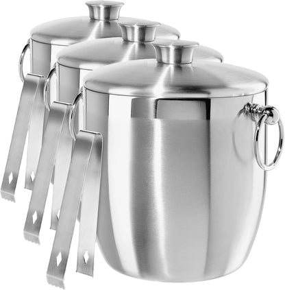 OGGI Double Wall Stainless Steel Ice Bucket - Insulated Ice Bucket with Elegant Steel Lid, Classic Handles & Stainless Steel Ice Tongs - Great for Home Bar, Chilling Beer, Champagne and Wine - 3 qt