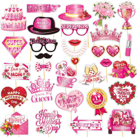 30Pcs Mother's Day Photo Booth Props Birthday Photography Posing Selfie Photobooth Props Funny Colorful Floral Happy Mother's Day Mum Props Decorations Party Supplies