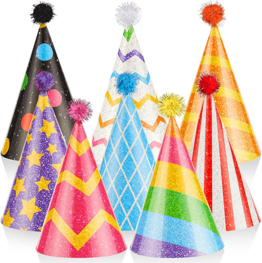 24PCS Colorful Birthday Party Cone Hats Glitter Paper Hat with Pompoms Glitter Birthday Supplies Colorful Paper Headwear for Kids Adults Celebration Baby Shower Bridal Shower Party Decoration