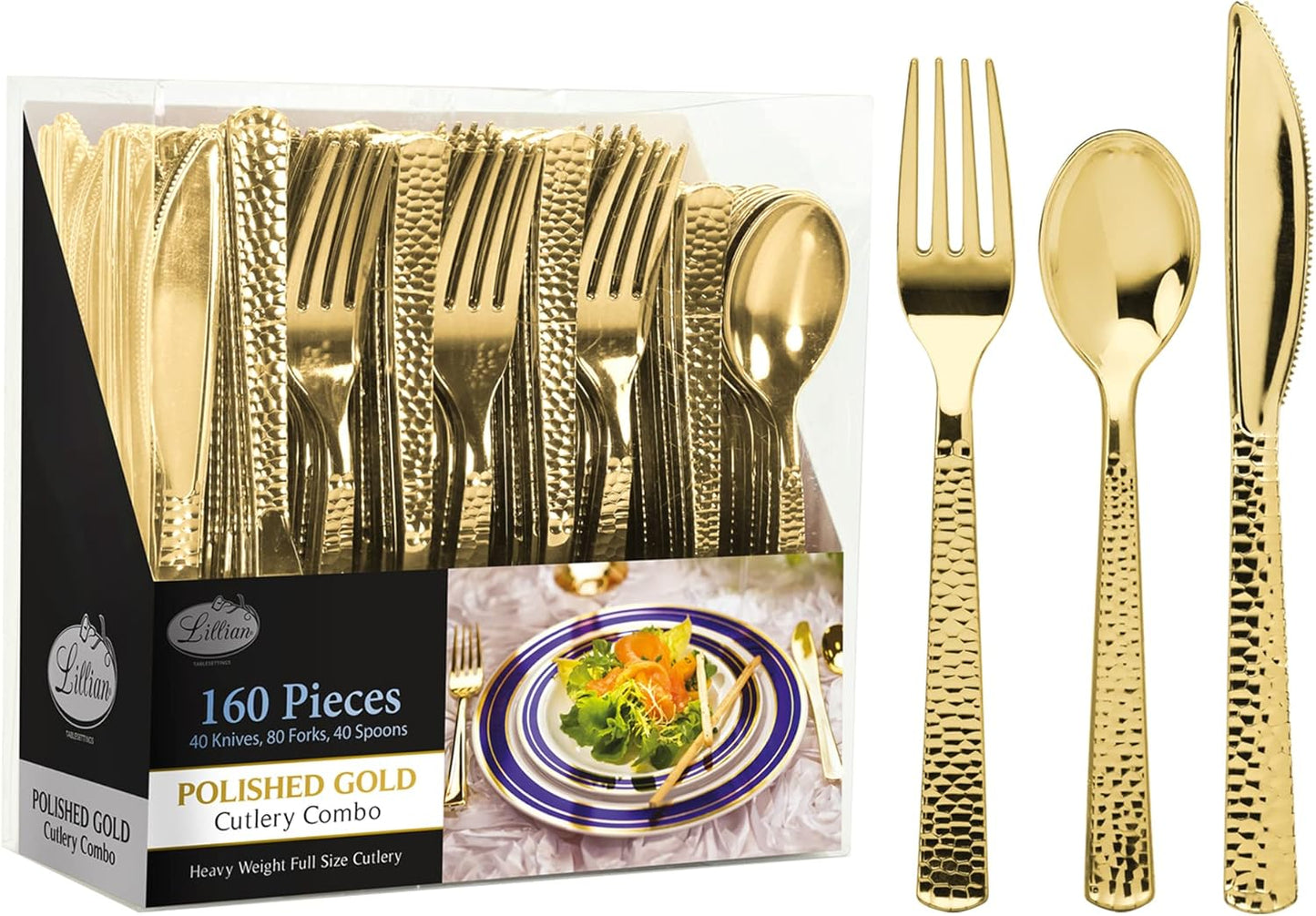 Plastic Cutlery Silverware Extra Heavyweight Disposable Flatware, Full Size Cutlery Combo, Polished Silver, 80 Forks, 40 Spoons, 40 Knifes, Value Pack 160 Count