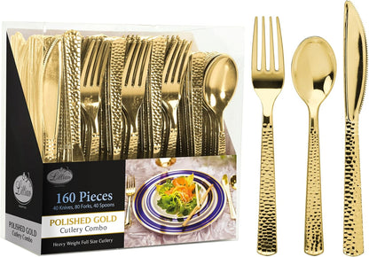 Plastic Cutlery Silverware Extra Heavyweight Disposable Flatware, Full Size Cutlery Combo, Polished Silver, 80 Forks, 40 Spoons, 40 Knifes, Value Pack 160 Count