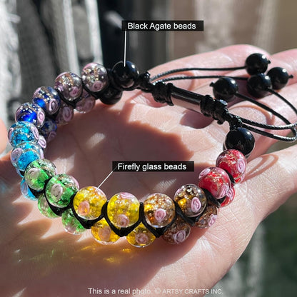 ARTSY Crafts Glow in The Dark Firefly Beads Bracelets, 7 Chakras Crystal Mermaid Glass Beaded Bracelets for Anti Anxeity Healing Energy Money Wealth Abundance Stackable Bangle Wristband