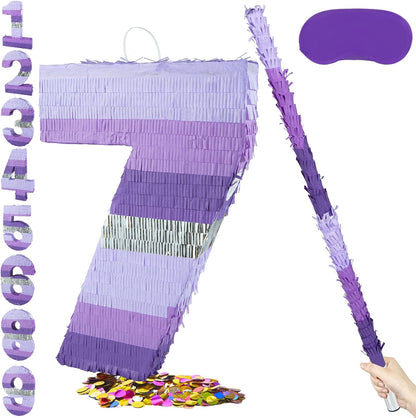 PCFING 20 Inch Number 1 Piñata Purple Silver with 30 Inch Piñata Stick Blindfold Confetti for Boy Girl Kids Birthday Party Decorations, Anniversary Celebration, Fiesta