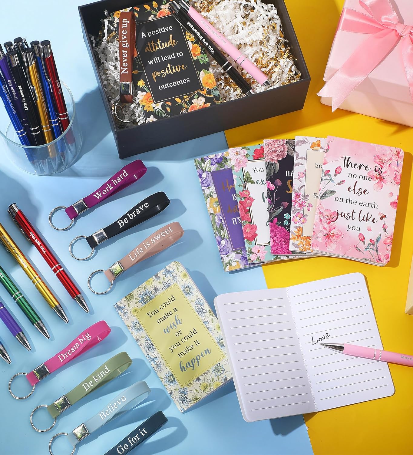 PerKoop 48 Pcs Inspirational Gifts Bulk Motivational Notepads Ballpoint Pens Keychains Set Modern Farmhouse Journal Notebooks Christian Gifts for Teachers School Office Party Favor Supplies