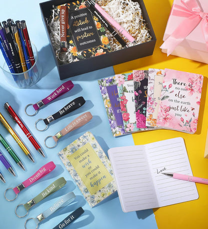 PerKoop 48 Pcs Inspirational Gifts Bulk Motivational Notepads Ballpoint Pens Keychains Set Modern Farmhouse Journal Notebooks Christian Gifts for Teachers School Office Party Favor Supplies