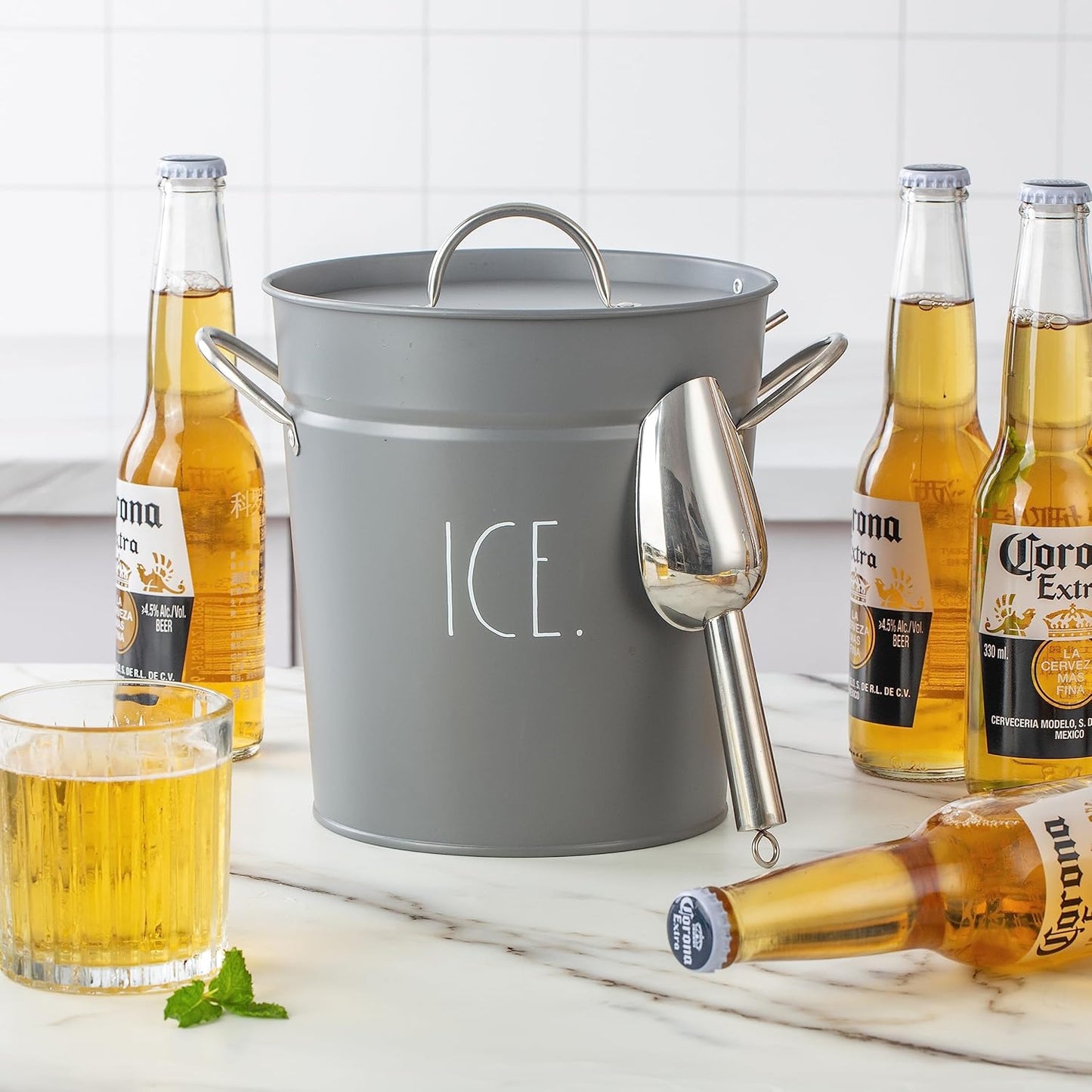 Rae Dunn Ice Bucket with Scoop - Stainless Steel Bucket with Handle, Lid and Ice Scooper - 4 Qt. Storage Bin for Ice Cubes for Bars, Parties, Backyard Barbeques, Picnics, and Camping (Sage)