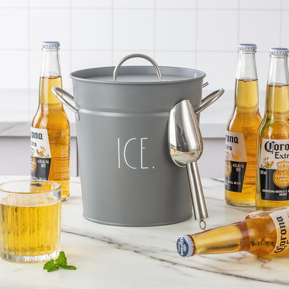 Rae Dunn Ice Bucket with Scoop - Stainless Steel Bucket with Handle, Lid and Ice Scooper - 4 Qt. Storage Bin for Ice Cubes for Bars, Parties, Backyard Barbeques, Picnics, and Camping (Sage)
