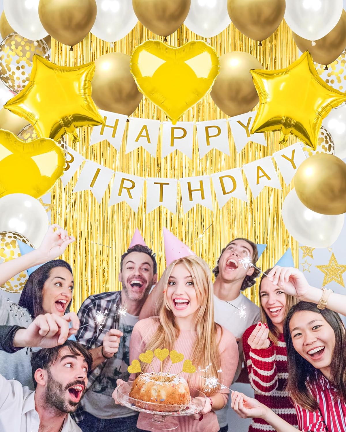 Lutoys Rose Gold Happy Birthday Party Decorations, Happy Birthday Banner, Rose Gold Foil Heart Star Confetti Balloons Curtain Backdrop Hanging Swirls Party Decor for Girls Women Princess
