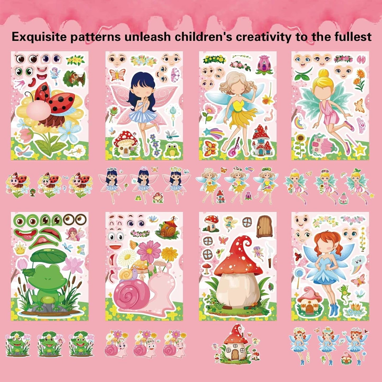 24 PCS Fairy Stickers for Kids, Make a Face Sticker with 8 Unique Designs Fairy, Frog, Mushroom, Make Your Own Stickers for Girls Birthday Party Favors, Goodie Bags, DIY Crafts